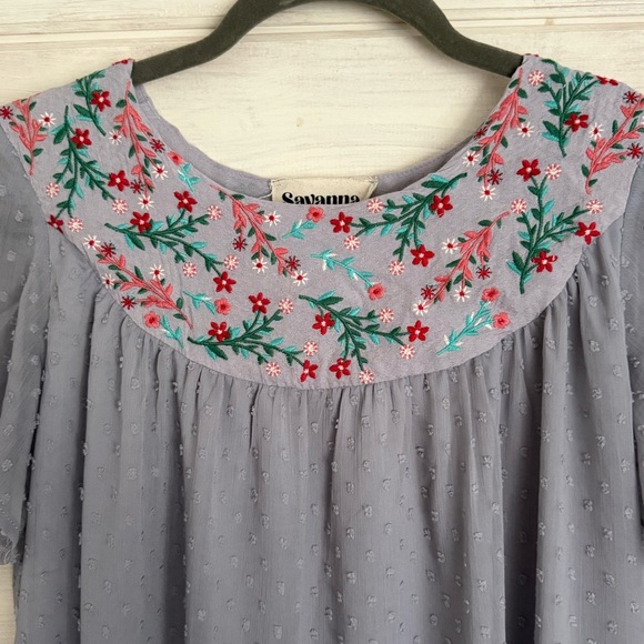 Savanna Jane Dress Size S Gray Colorful Floral Embroidered Holiday Thanksgiving - Picture 3 of 9